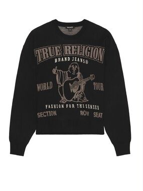 True Religion Black Crewneck Sweater with Taupe Graphic Logo